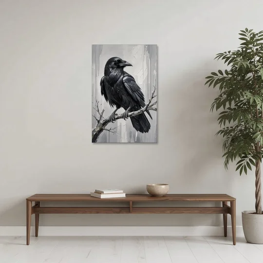 Black and White Raven on a Gnarled Branch - Canvas Wall Art - Coffee Table - 24x36