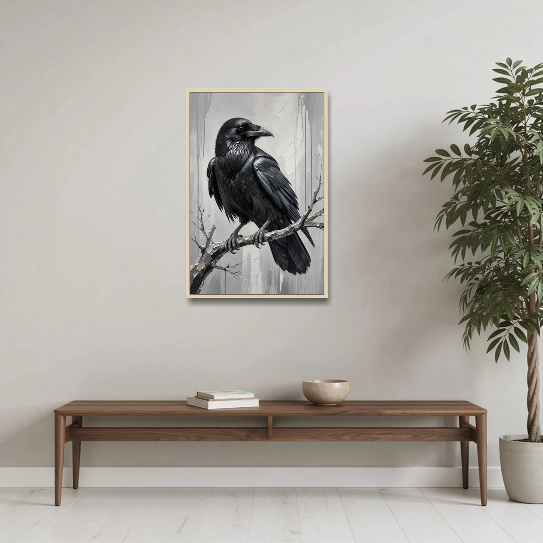 Black and White Raven on a Gnarled Branch - Oak Framed Canvas Wall Art - Coffee Table - 24x36