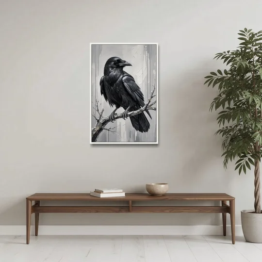 Black and White Raven on a Gnarled Branch - White Framed Canvas Wall Art - Coffee Table - 24x36