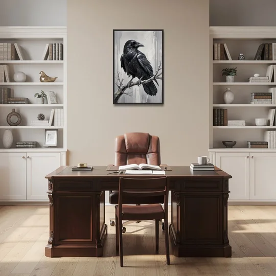Black and White Raven on a Gnarled Branch - Black Framed Canvas Wall Art - Office - 24x36