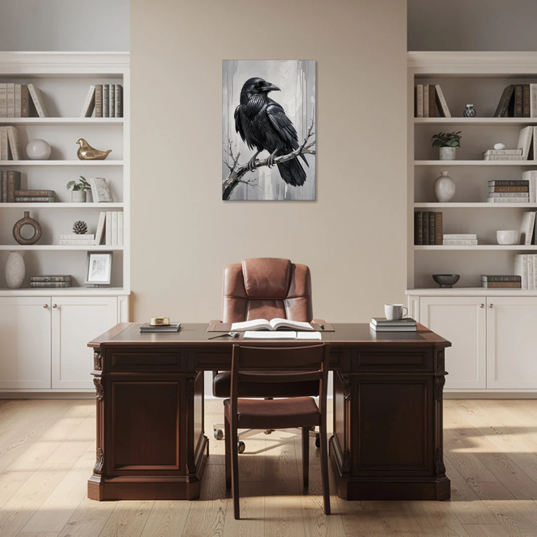 Black and White Raven on a Gnarled Branch - Canvas Wall Art - Office - 24x36