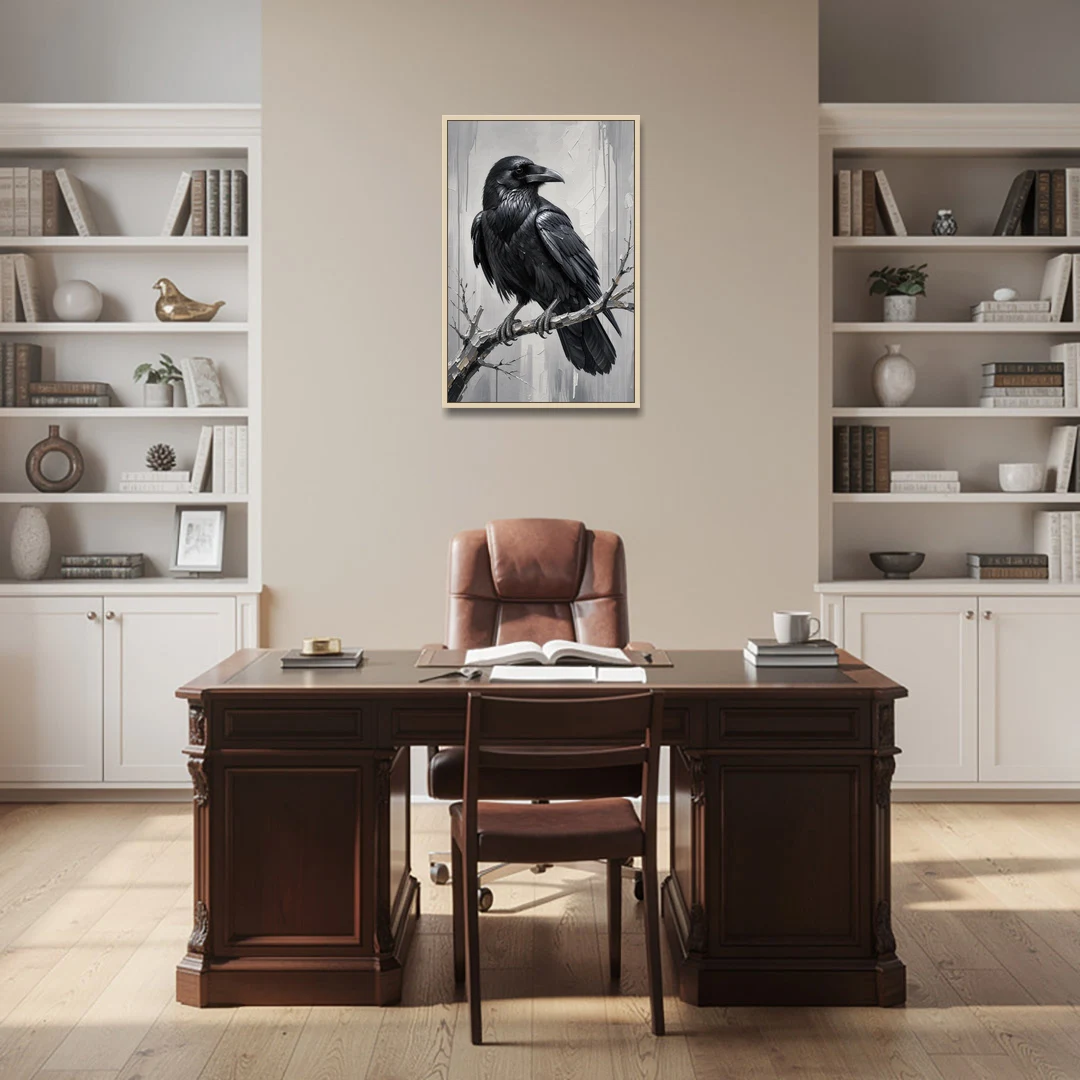 Black and White Raven on a Gnarled Branch - Oak Framed Canvas Wall Art - Office - 24x36