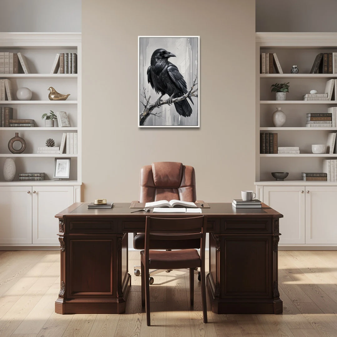 Black and White Raven on a Gnarled Branch - White Framed Canvas Wall Art - Office - 24x36