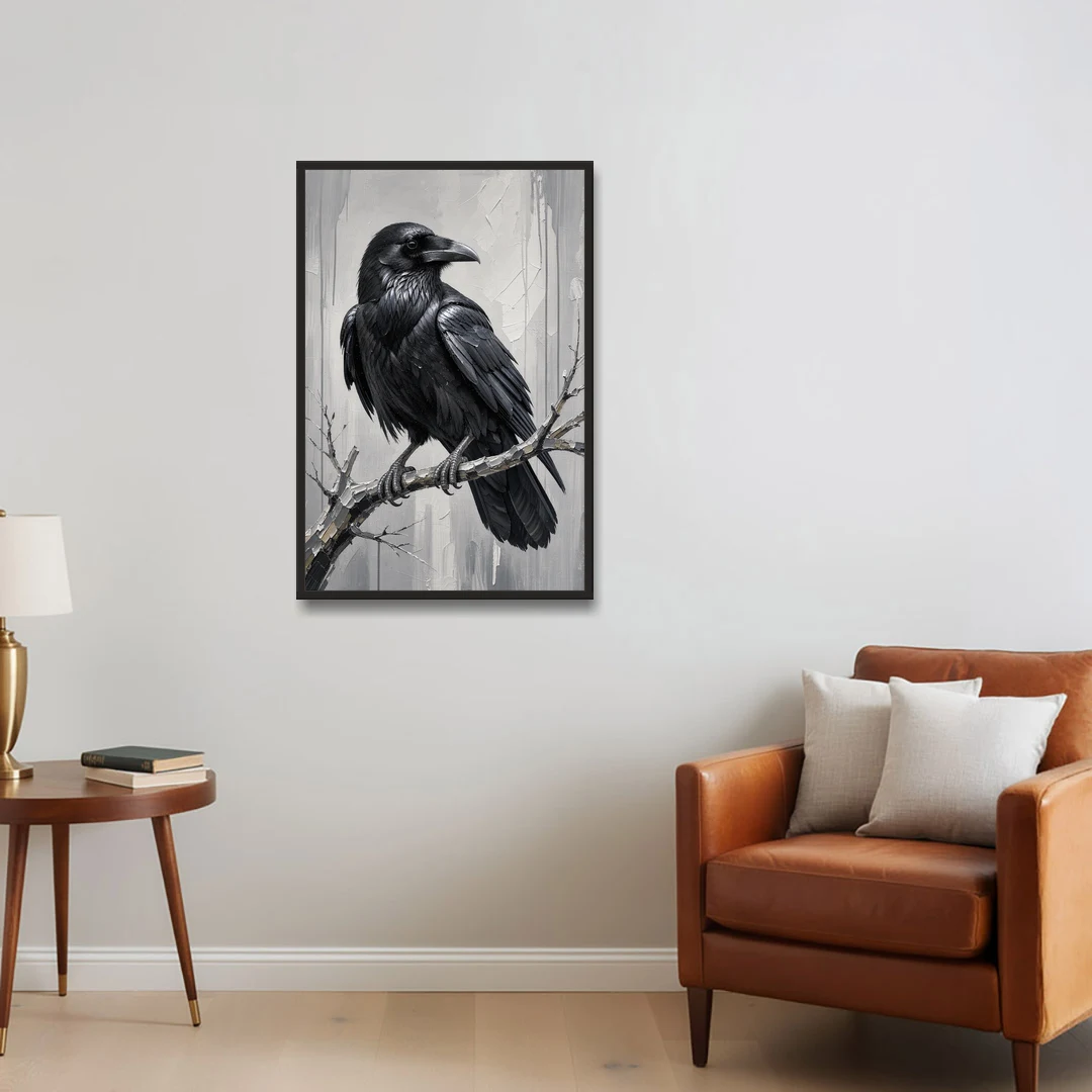 Black and White Raven on a Gnarled Branch - Black Framed Canvas Wall Art - Sofa - 24x36