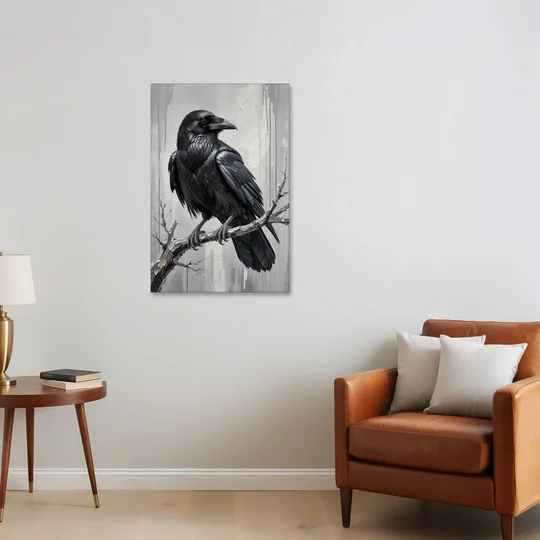 Black and White Raven on a Gnarled Branch - Canvas Wall Art - Sofa - 24x36