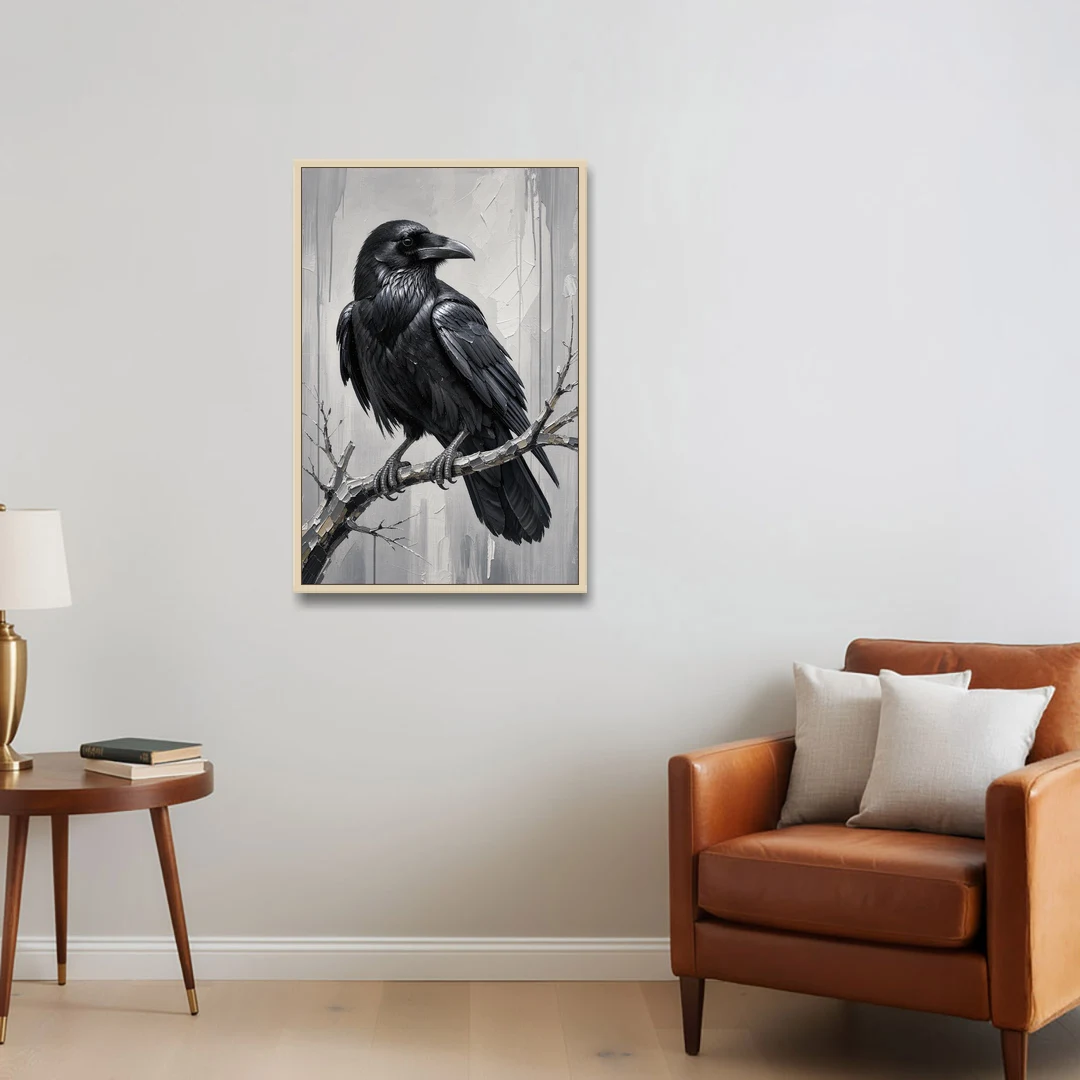 Black and White Raven on a Gnarled Branch - Oak Framed Canvas Wall Art - Sofa - 24x36