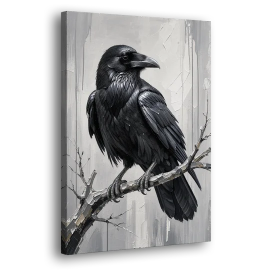 Black and White Raven on a Gnarled Branch - Canvas Wall Art - Side