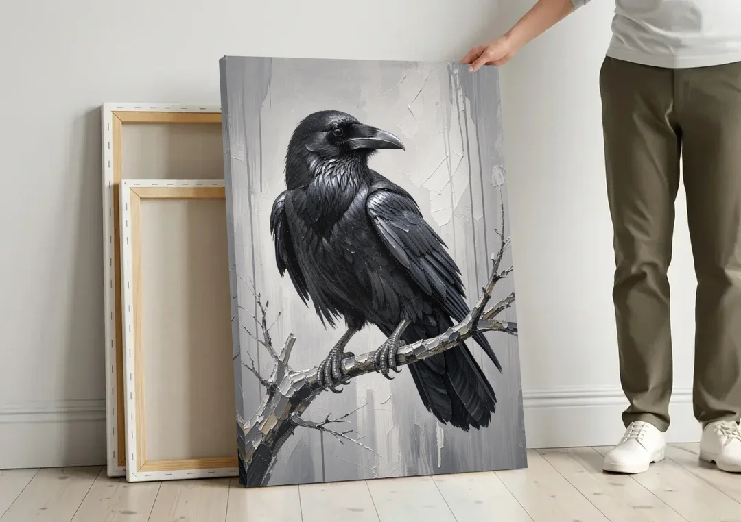 Black and White Raven on a Gnarled Branch canvas wall art leaning against a wall next to blank canvases