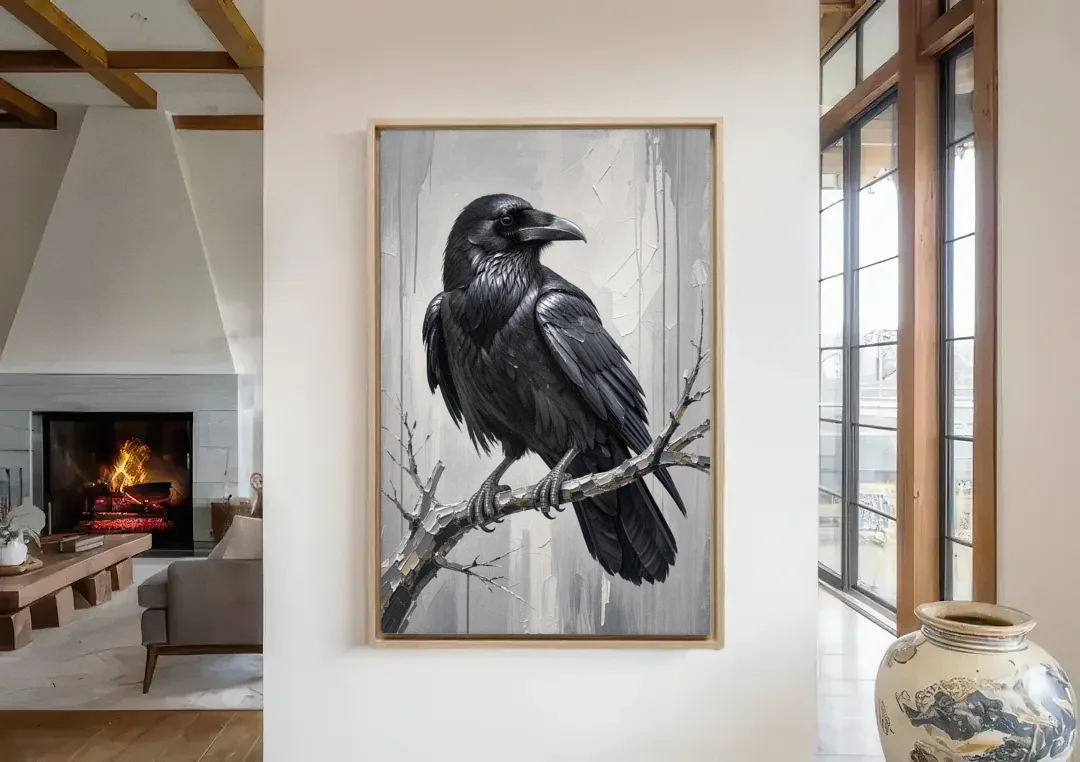 Black and White Raven on a Gnarled Branch canvas wall art in a living room with a fireplace
