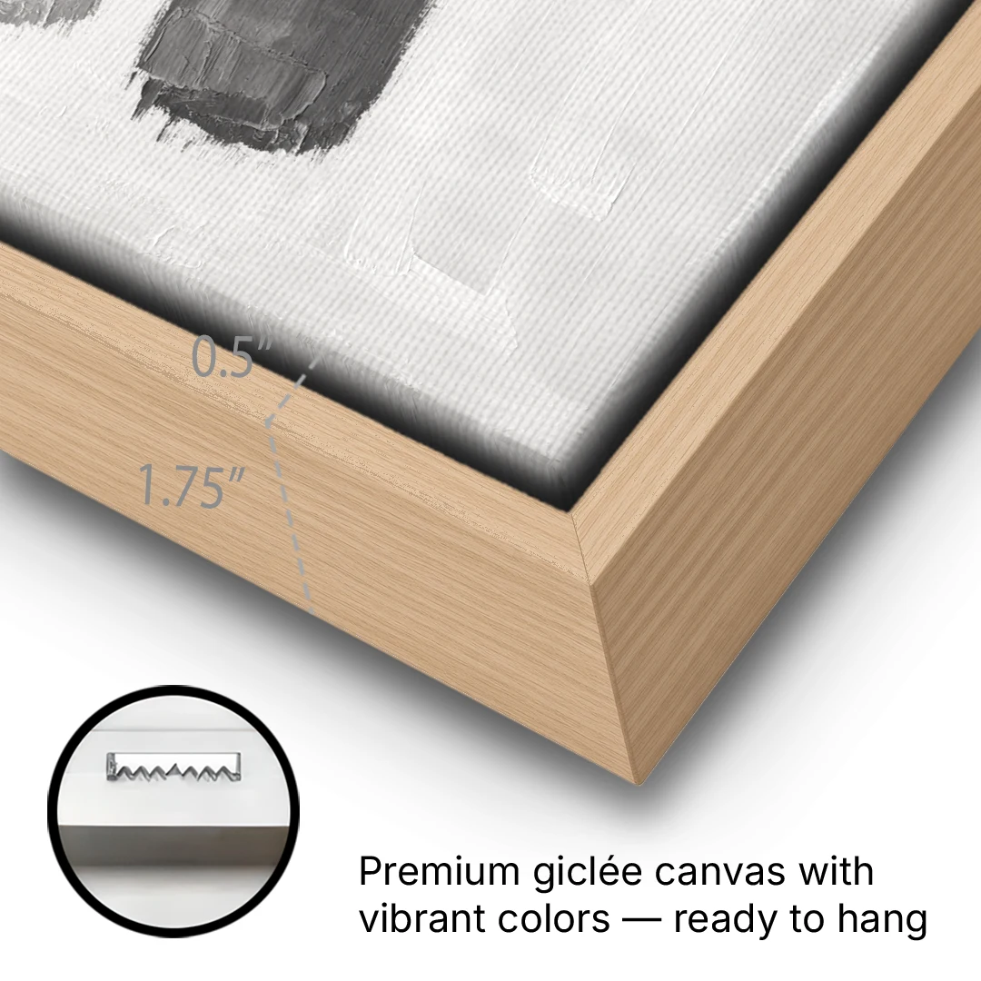 Black and White Stacked Brush Stroke Trio - Oak Framed Canvas Wall Art - Gallery Wrap Corner