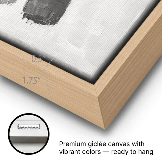 Black and White Stacked Brush Stroke Trio - Oak Framed Canvas Wall Art - Gallery Wrap Corner