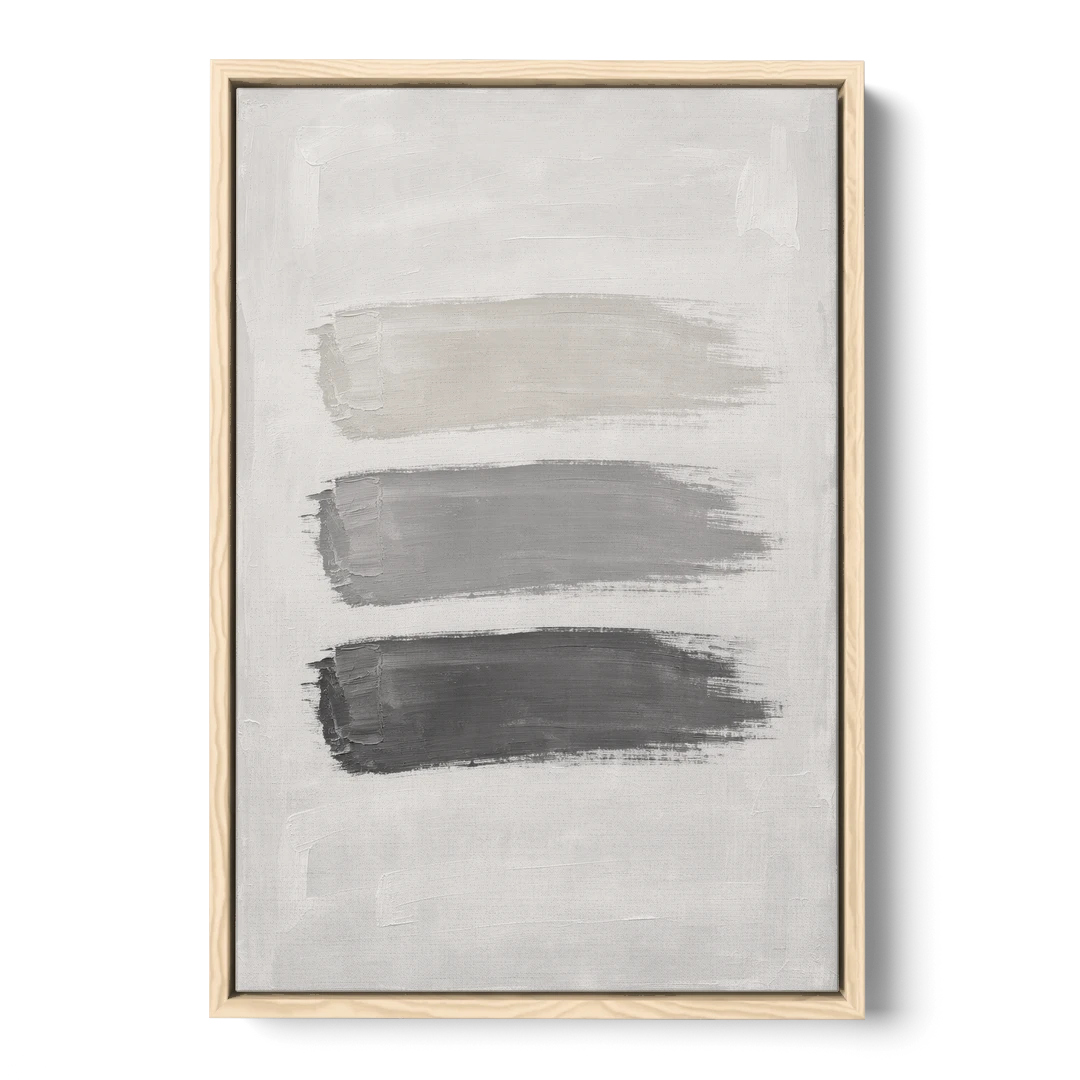 Black and White Stacked Brush Stroke Trio - Oak Framed Canvas Wall Art - Front