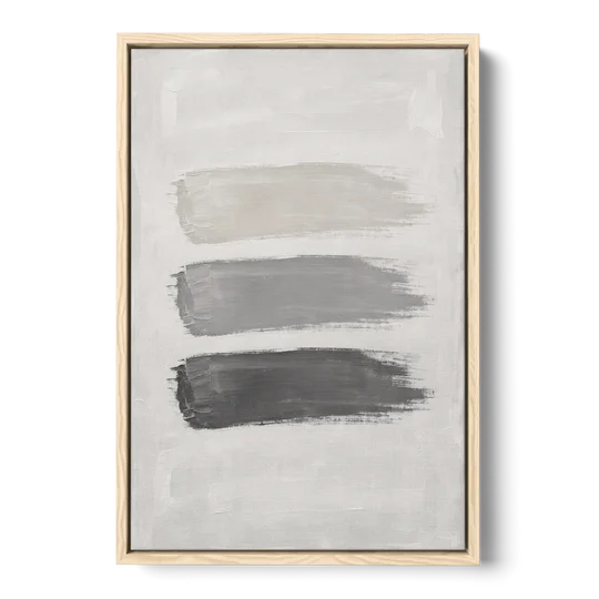 Black and White Stacked Brush Stroke Trio - Oak Framed Canvas Wall Art - Front