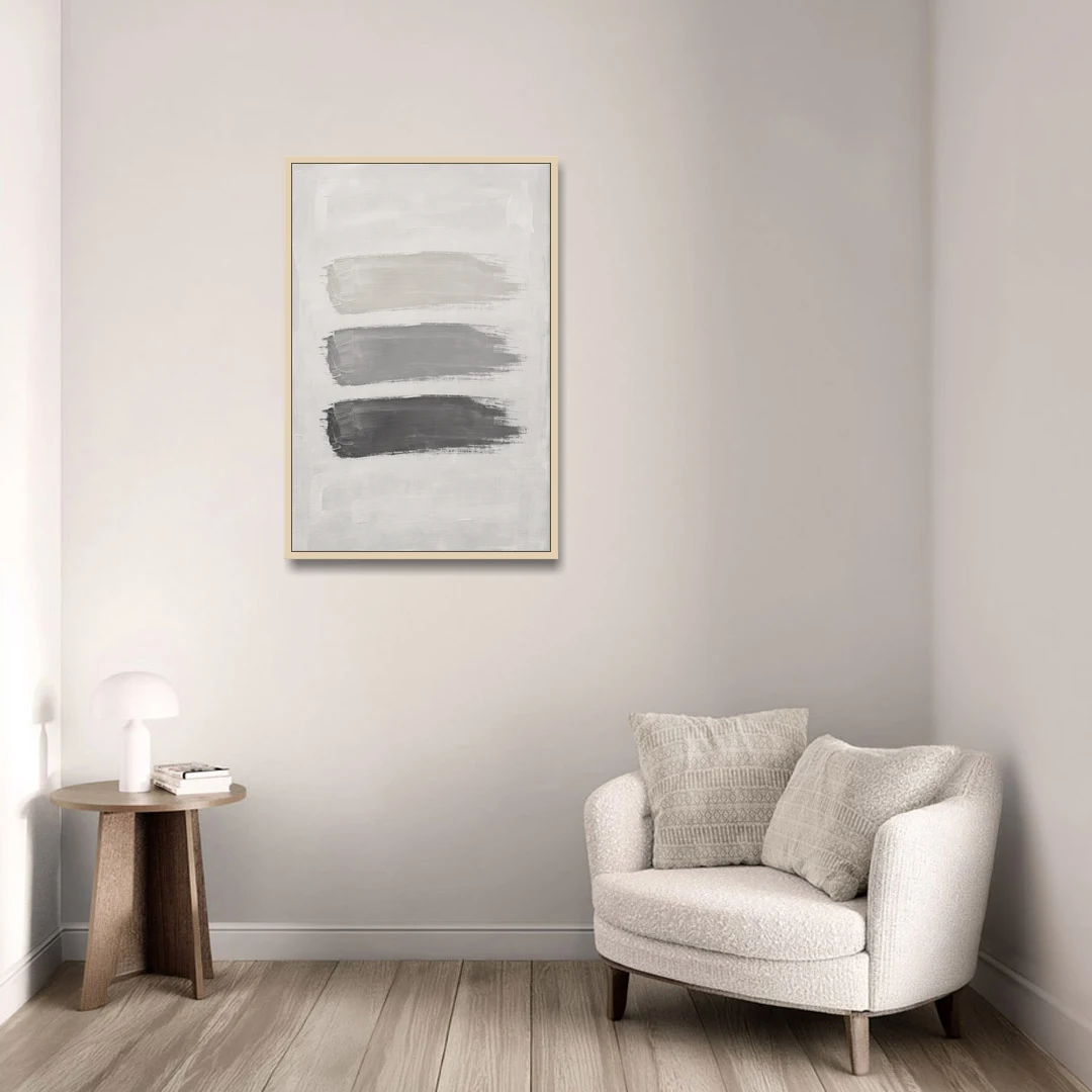 Black and White Stacked Brush Stroke Trio - Oak Framed Canvas Wall Art - Sofa - 24x36