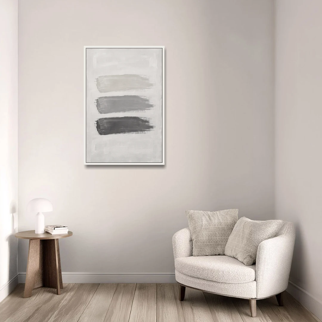 Black and White Stacked Brush Stroke Trio - White Framed Canvas Wall Art - Sofa - 24x36