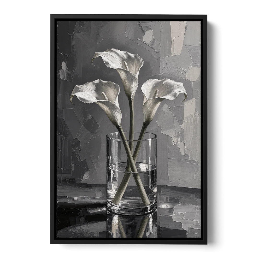 Black and White Still Life Painting Calla Lilies - Black Framed Canvas Wall Art - Front