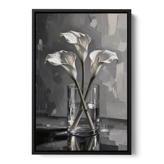 Black and White Still Life Painting Calla Lilies - Black Framed Canvas Wall Art - Front