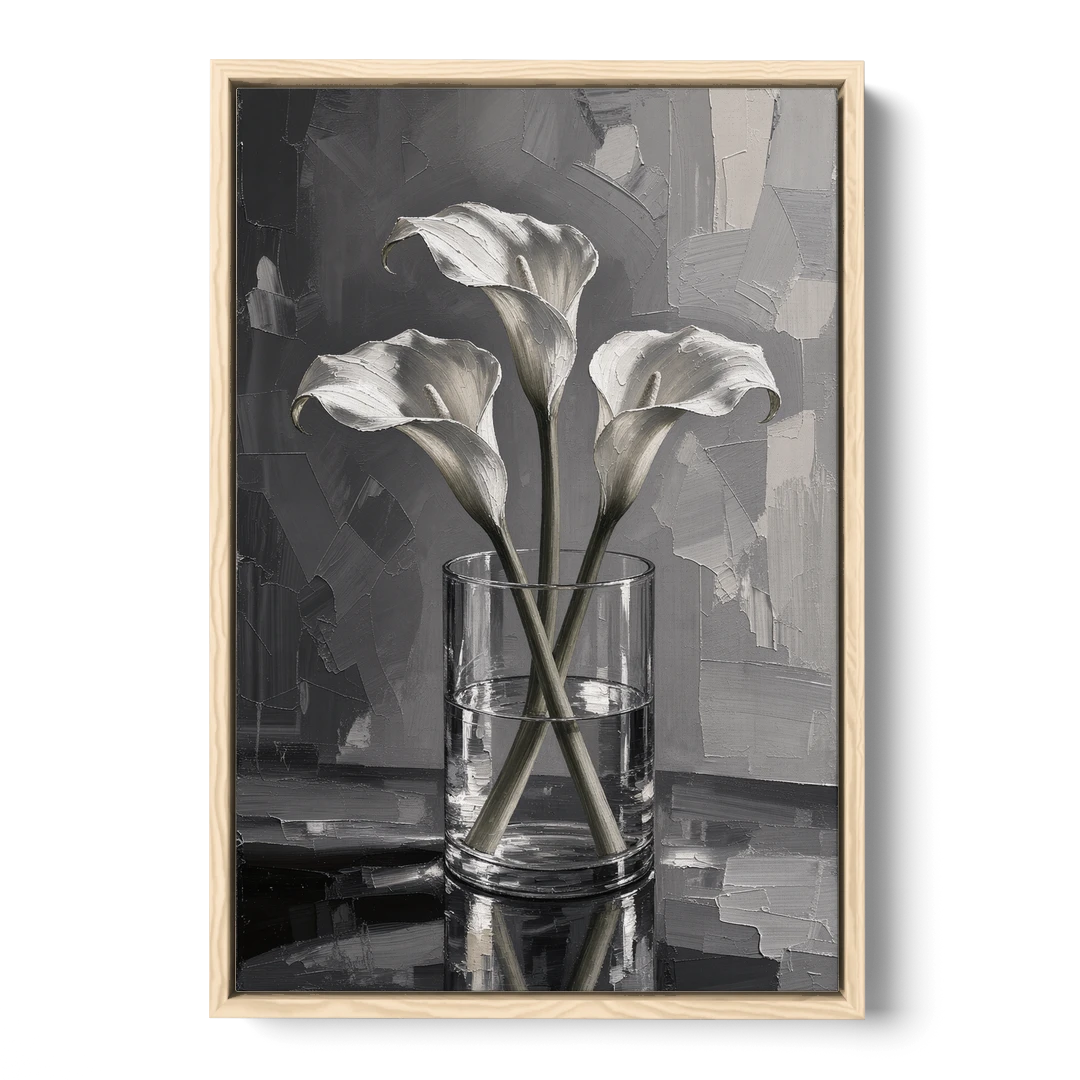 Black and White Still Life Painting Calla Lilies - Oak Framed Canvas Wall Art - Front
