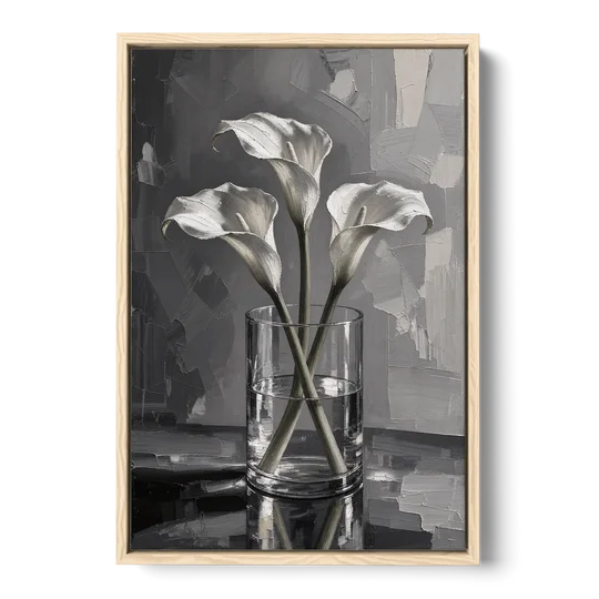 Black and White Still Life Painting Calla Lilies - Oak Framed Canvas Wall Art - Front