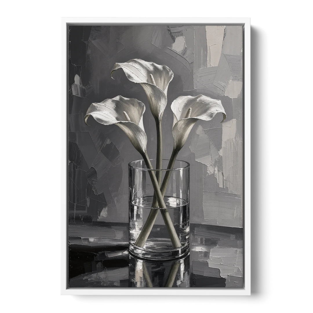 Black and White Still Life Painting Calla Lilies - White Framed Canvas Wall Art - Front