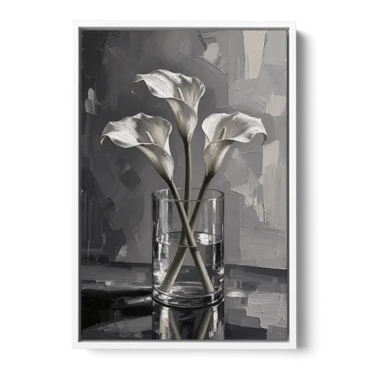 Black and White Still Life Painting Calla Lilies - White Framed Canvas Wall Art - Front