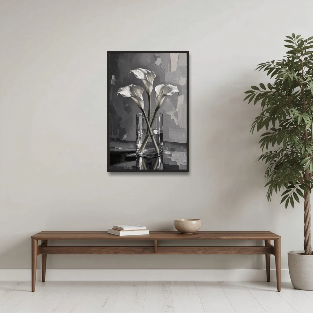 Black and White Still Life Painting Calla Lilies - Black Framed Canvas Wall Art - Coffee Table - 24x36