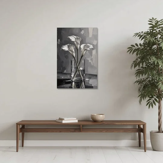 Black and White Still Life Painting Calla Lilies - Canvas Wall Art - Coffee Table - 24x36