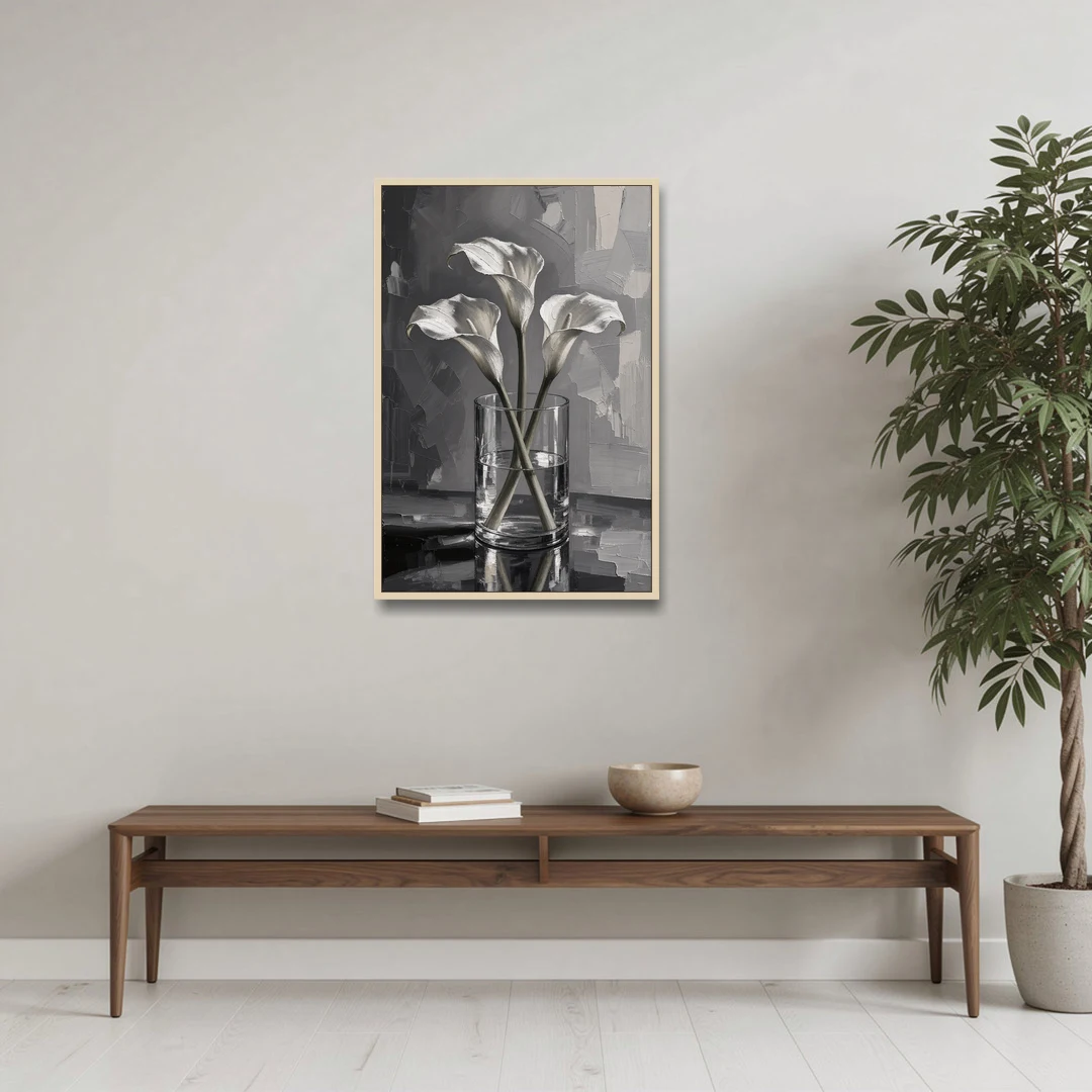 Black and White Still Life Painting Calla Lilies - Oak Framed Canvas Wall Art - Coffee Table - 24x36