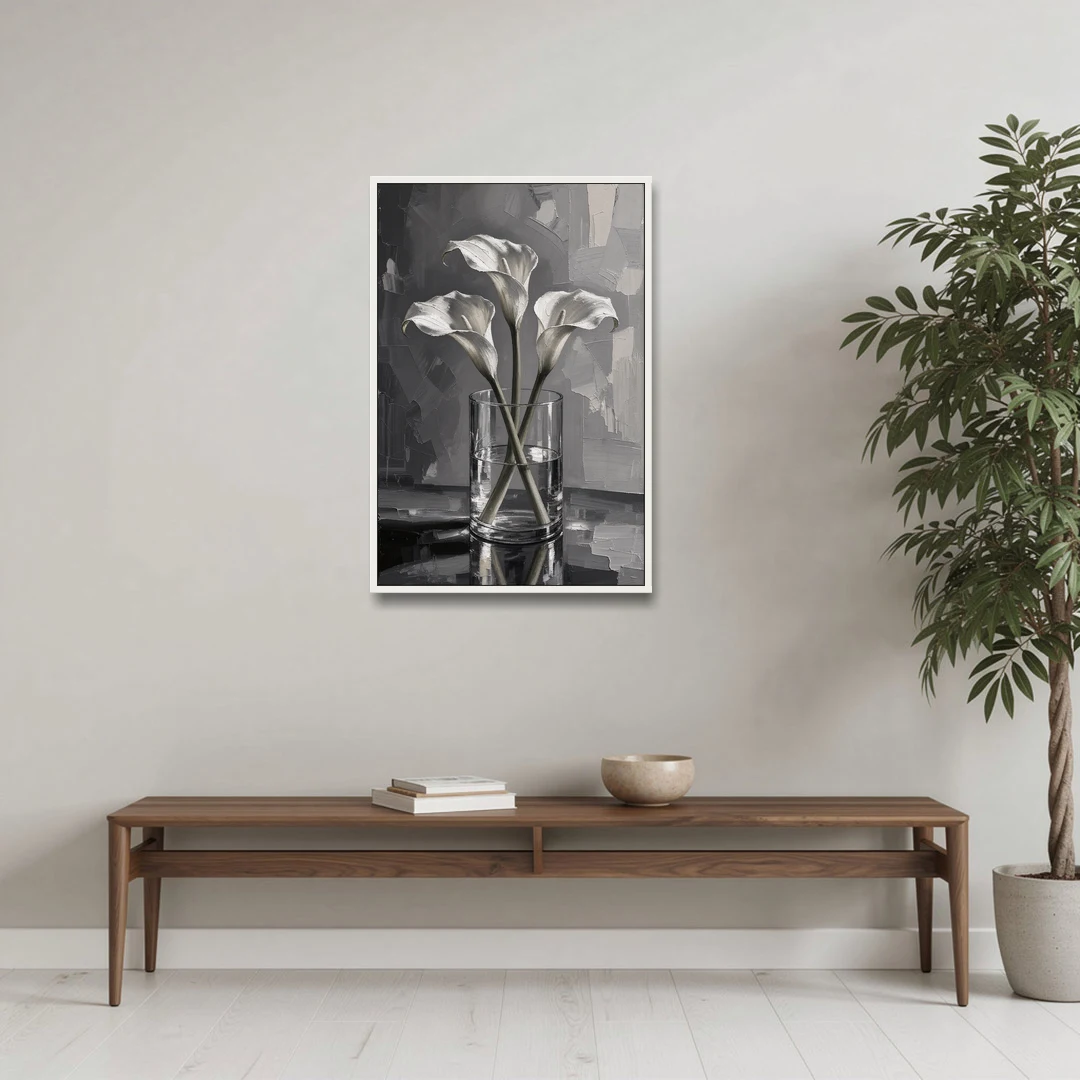 Black and White Still Life Painting Calla Lilies - White Framed Canvas Wall Art - Coffee Table - 24x36