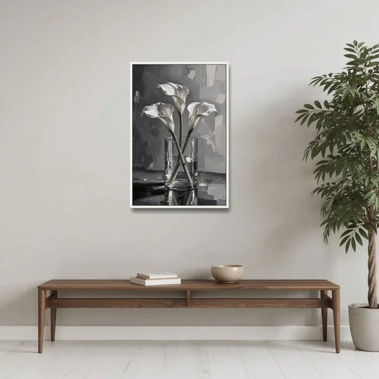 Black and White Still Life Painting Calla Lilies - White Framed Canvas Wall Art - Coffee Table - 24x36