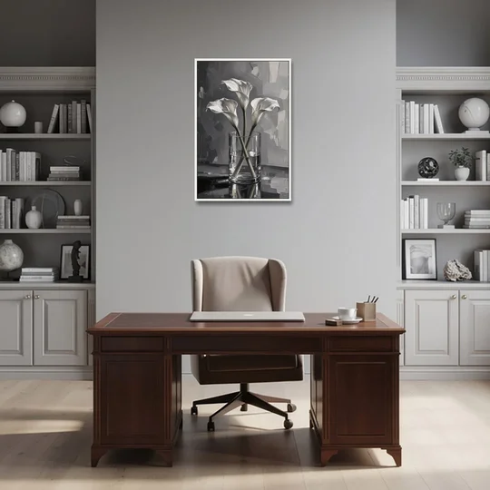 Black and White Still Life Painting Calla Lilies - White Framed Canvas Wall Art - Office - 24x36