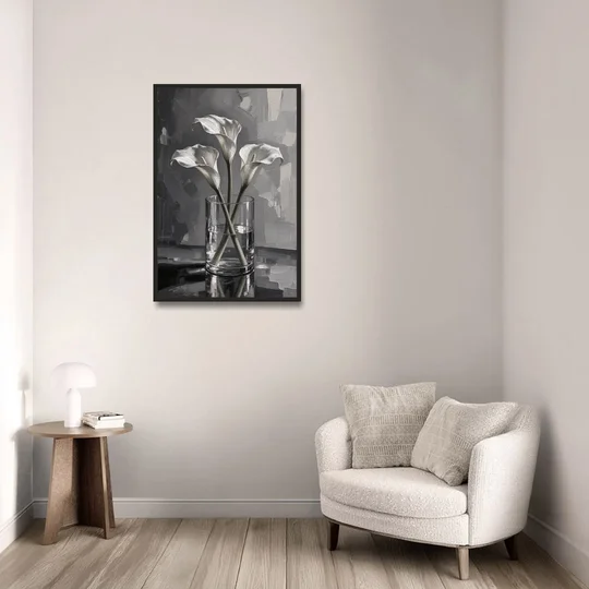 Black and White Still Life Painting Calla Lilies - Black Framed Canvas Wall Art - Sofa - 24x36