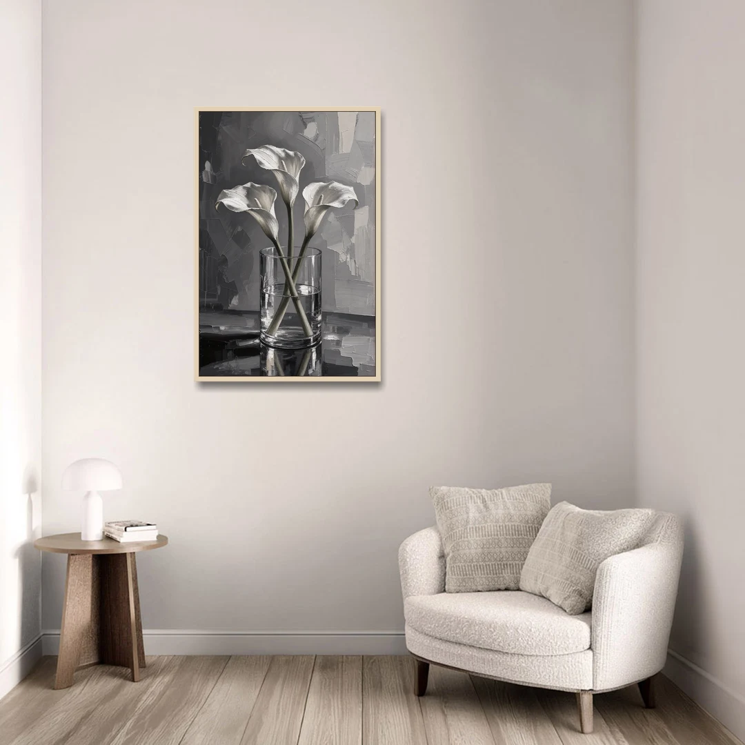Black and White Still Life Painting Calla Lilies - Oak Framed Canvas Wall Art - Sofa - 24x36