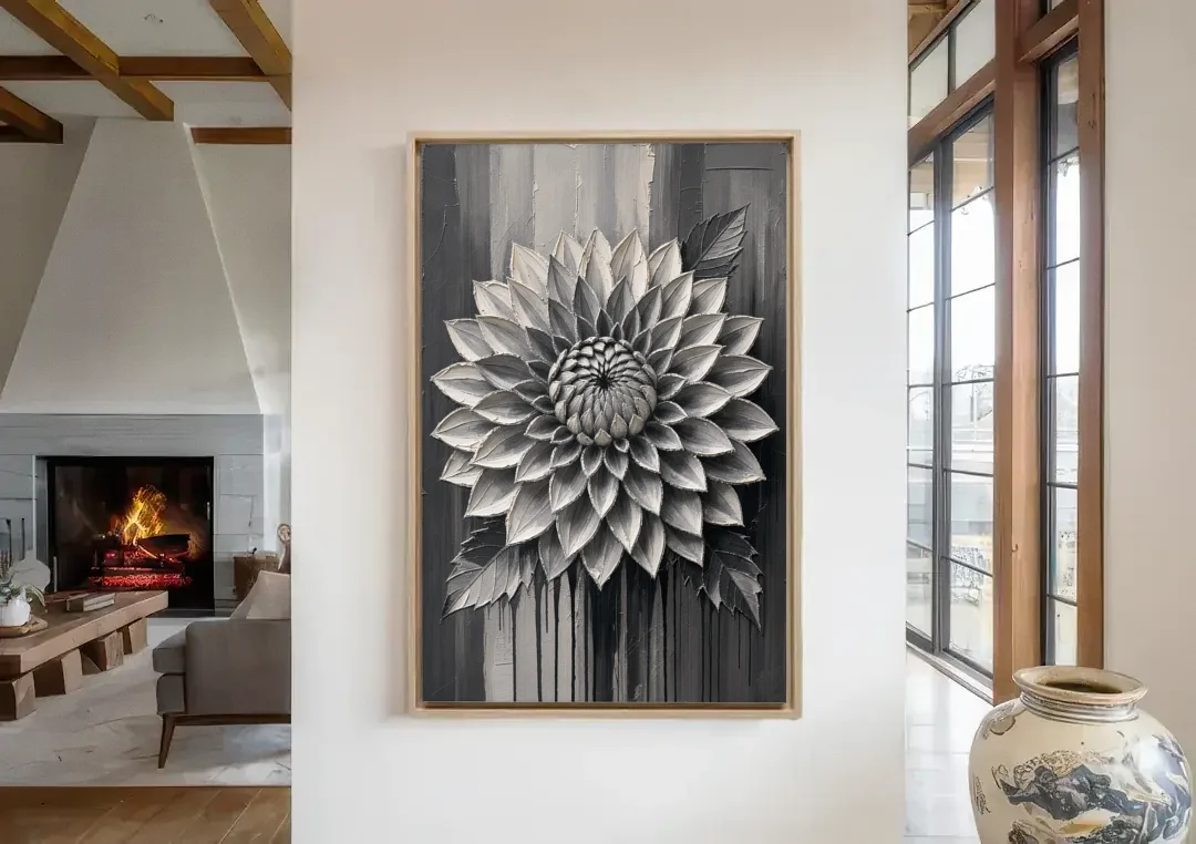 Black and White Textured Wall Art of a Dahlia canvas wall art in a living room with a fireplace