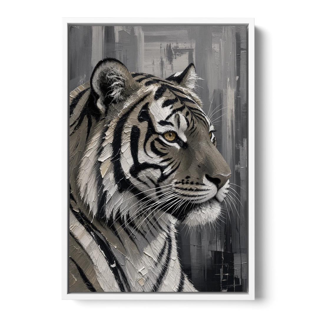 Black and White Tiger Canvas With Gold Eye - White Framed Canvas Wall Art - Front