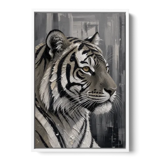 Black and White Tiger Canvas With Gold Eye - White Framed Canvas Wall Art - Front
