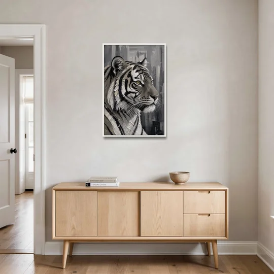 Black and White Tiger Canvas With Gold Eye - White Framed Canvas Wall Art - Coffee Table - 24x36