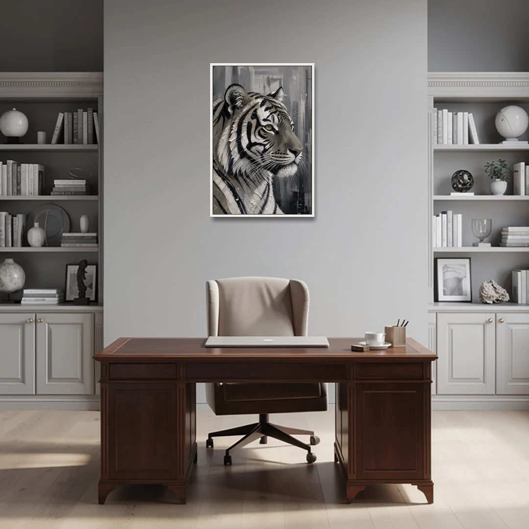 Black and White Tiger Canvas With Gold Eye - White Framed Canvas Wall Art - Office - 24x36