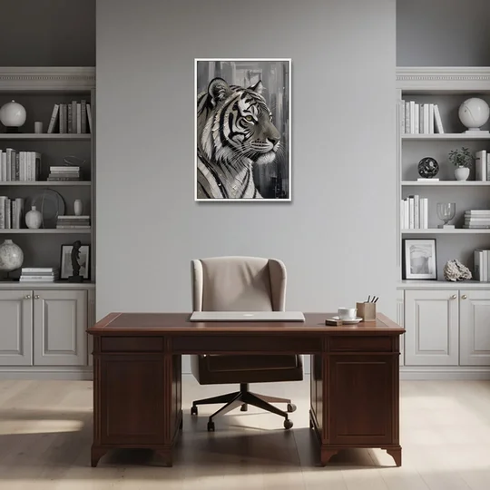 Black and White Tiger Canvas With Gold Eye - White Framed Canvas Wall Art - Office - 24x36