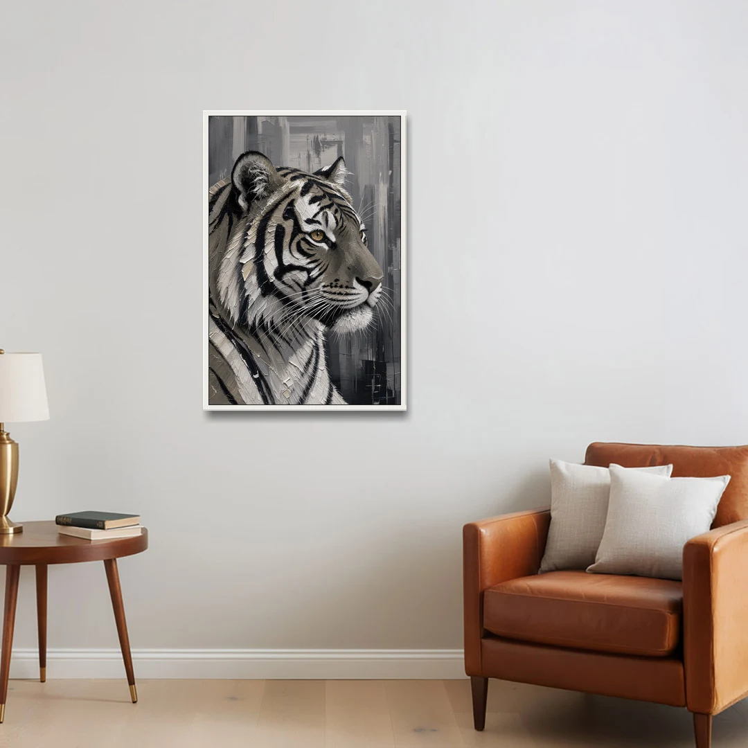 Black and White Tiger Canvas With Gold Eye - White Framed Canvas Wall Art - Sofa - 24x36