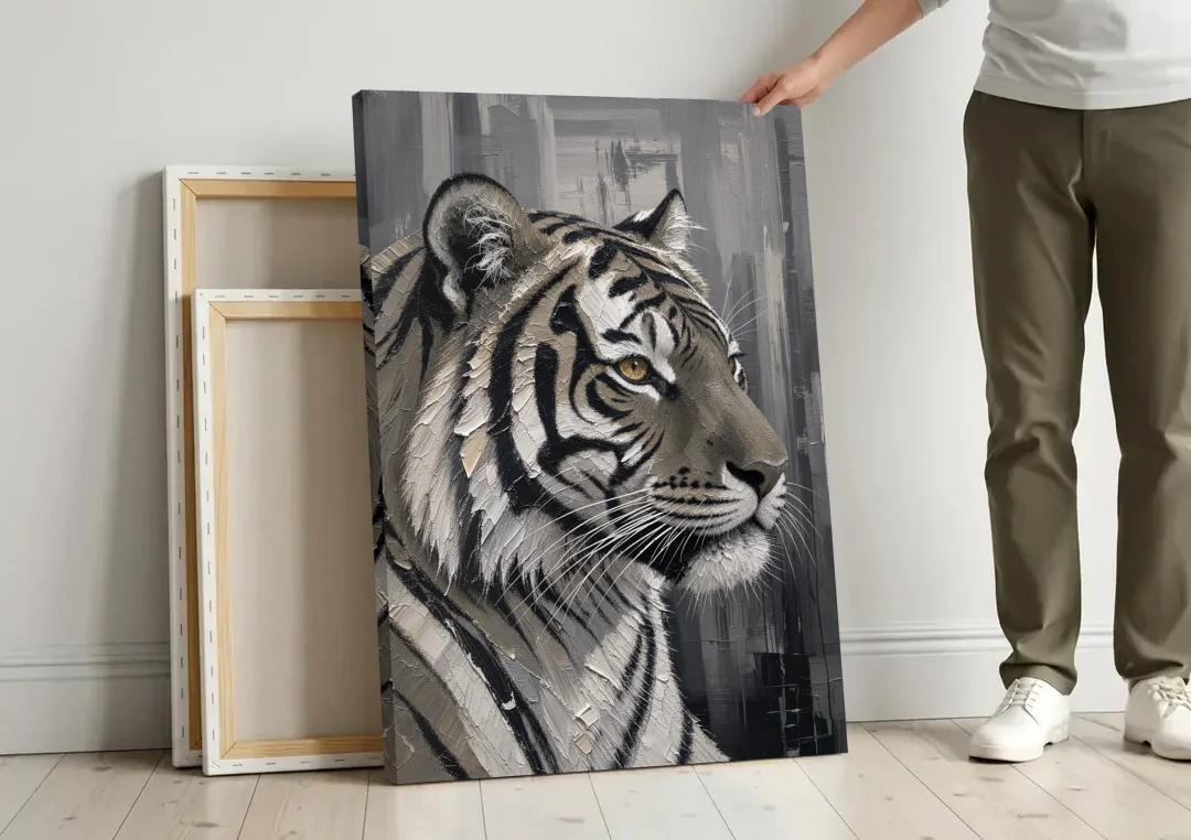 Black and White Tiger Canvas With Gold Eye canvas wall art leaning against a wall next to blank canvases