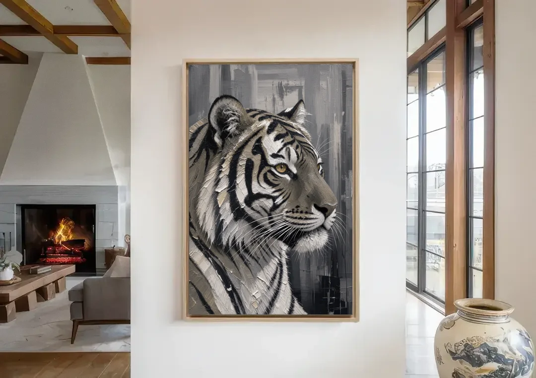 Black and White Tiger Canvas With Gold Eye canvas wall art in a living room with a fireplace
