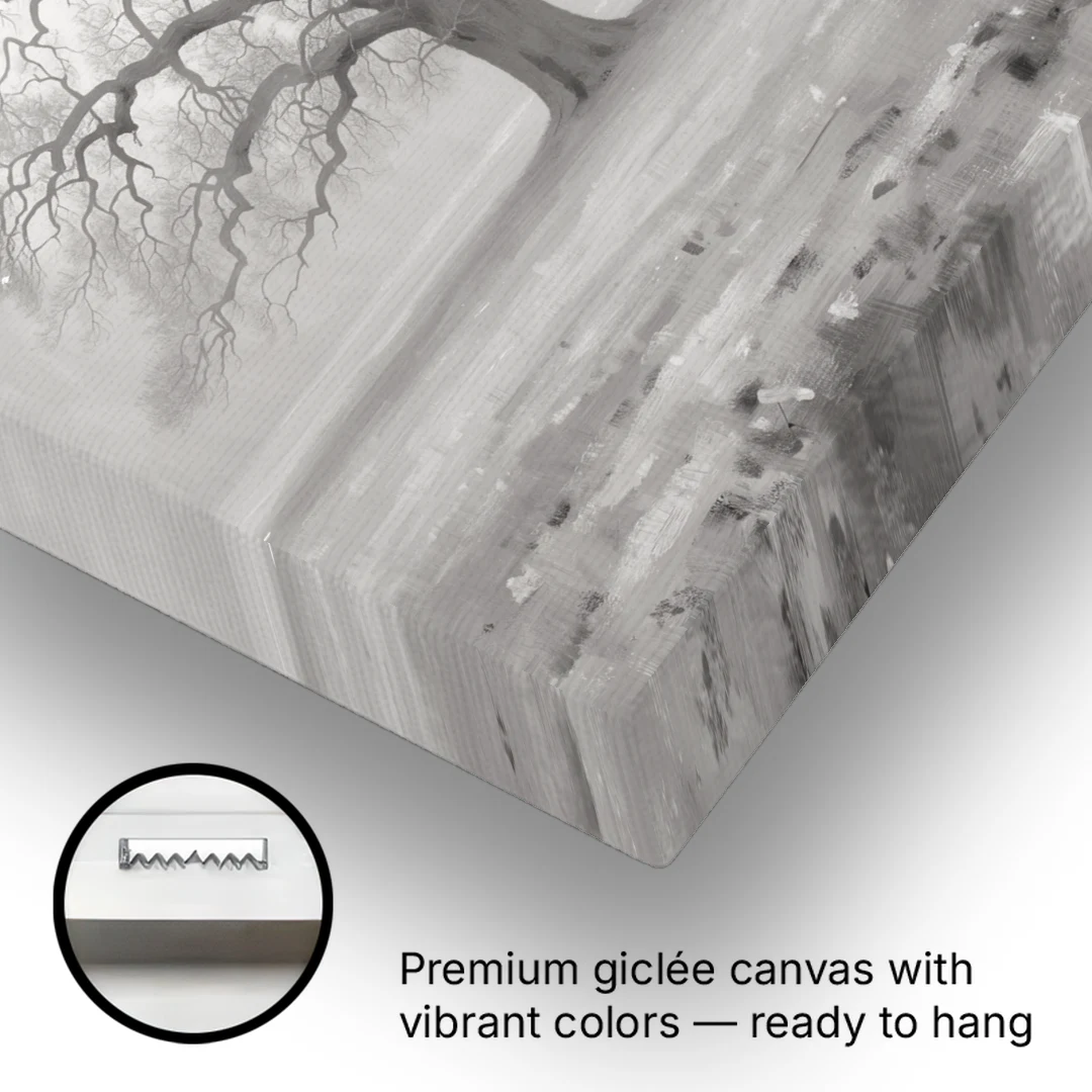 Black and White Tree Painting in Fog - Canvas Wall Art - Gallery Wrap Corner