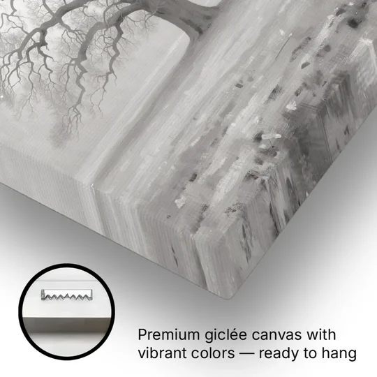 Black and White Tree Painting in Fog - Canvas Wall Art - Gallery Wrap Corner
