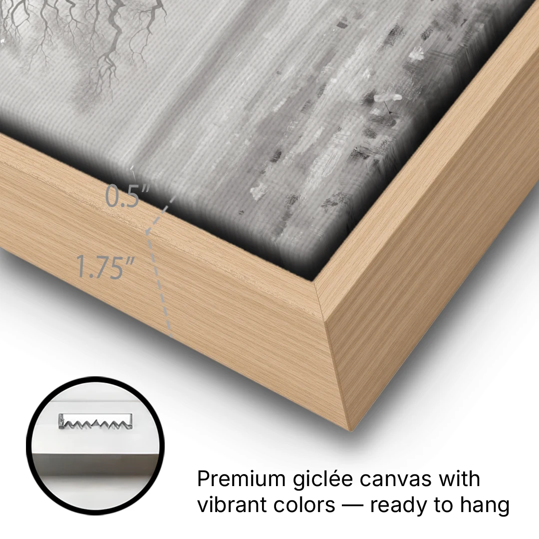 Black and White Tree Painting in Fog - Oak Framed Canvas Wall Art - Gallery Wrap Corner