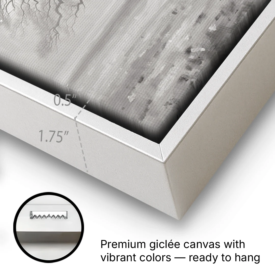 Black and White Tree Painting in Fog - White Framed Canvas Wall Art - Gallery Wrap Corner