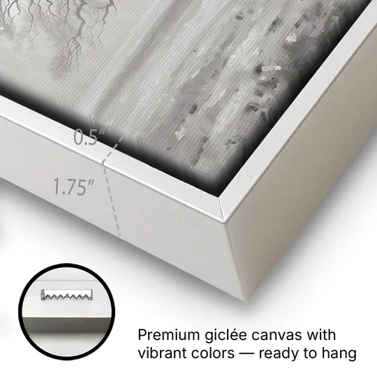 Black and White Tree Painting in Fog - White Framed Canvas Wall Art - Gallery Wrap Corner