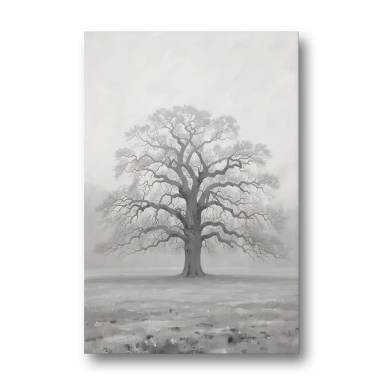 Black and White Tree Painting in Fog - Canvas Wall Art - Front