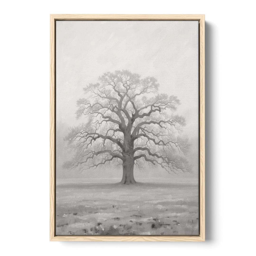 Black and White Tree Painting in Fog - Oak Framed Canvas Wall Art - Front