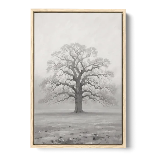 Black and White Tree Painting in Fog - Oak Framed Canvas Wall Art - Front